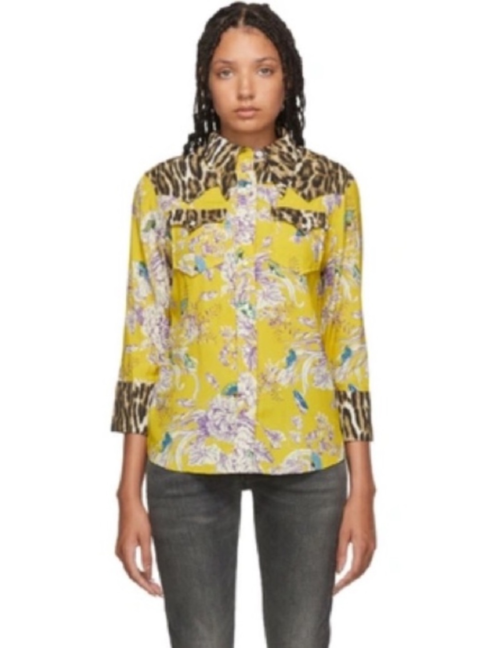R13 Exaggerated Collar Cowboy Pearl Snap Button Leopard Floral Mixed Print Shirt